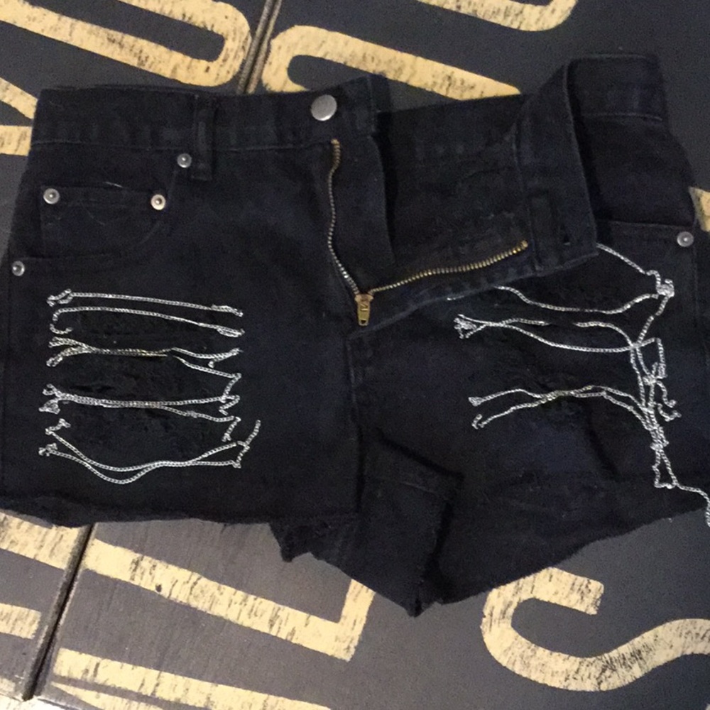 Black distressed with silver chain shorts